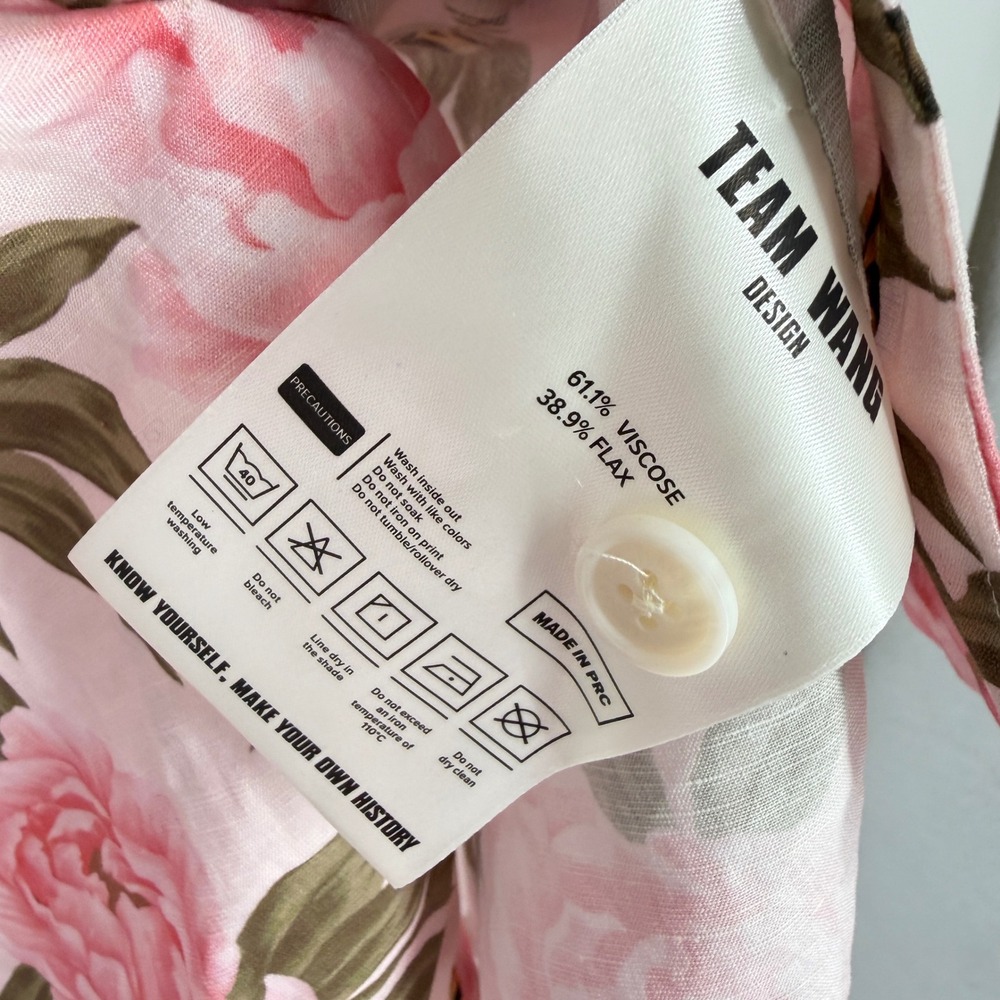 Team Wang‎ Design Mens Size 2 Pink Peony Tiger Tail Floral Flax Button Up Shirt - Picture 7 of 10